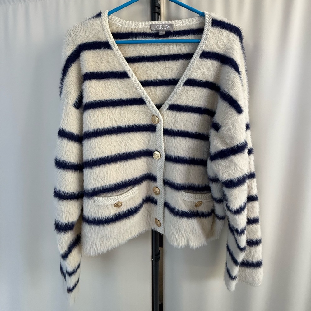 J. Crew Blue and White Striped Cardigan Sweater